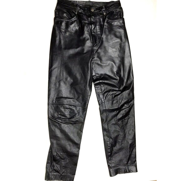 Vtg 80s DEERSKIN Trading Black Leather Jean Pants Men 28X30 Lined Rock Star - Picture 2 of 16